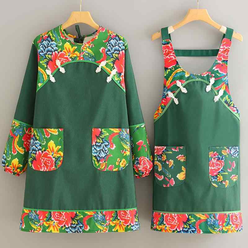 エプロン 保育士 長袖 割烹着 おしゃれ 大人 スモック キャンバス レディース キッチン ホーム エスニック 花柄 作業服 グリーン レッド グレー