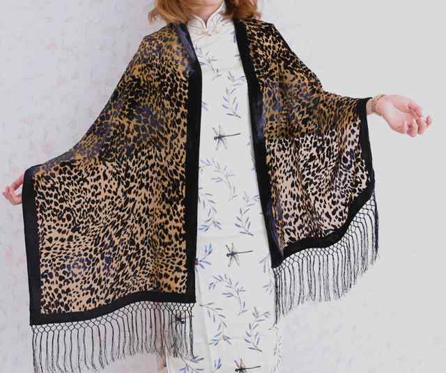 ショール レディース ヒョウ柄 レオパード ストール 春秋 ミドル レングス スカーフ ベルベット ブラウン パープル