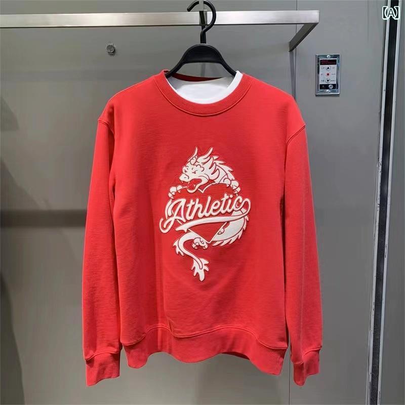 スウェット トレーナー メンズ 刺繍 ドラゴン 龍 プルオーバー トップス カジュアル 長袖 紳士服 中国風 春 干支 ラウンドネック 赤