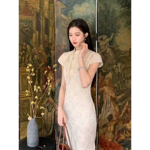 チャイナドレス 中国風 レディース ワンピース ジャガード 秋 半袖 ロング スカート ベージュ チャイナドレス 中国風 レディース ワンピース ジャガード 秋 半袖 ロング スカート ベージュ