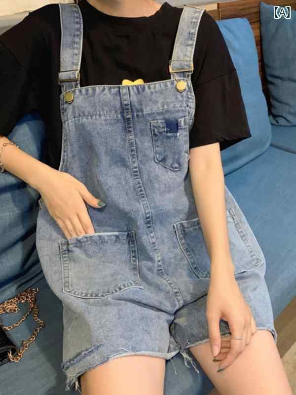 サロペット デニム ショート丈 パンツ レディース オーバーオール つなぎ ダメージ オールインワン 春夏 韓国 大きいサイズ スリム 学生 サスペンダー ショーツ ブルー