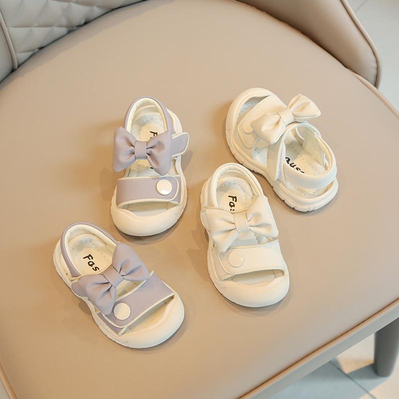 ベビーシューズ 子供 靴 キッズ 女の子 リボン かわいい レザー革 サンダル ソール 柔らかい 滑り止め ベージュ パープル