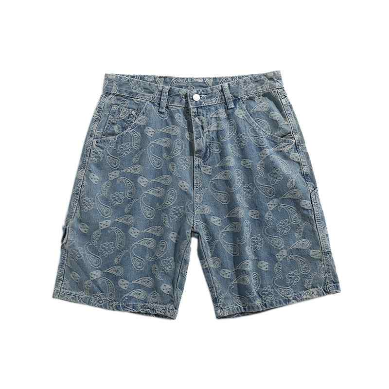 デニムパンツ メンズ ジーンズ ジーパン 夏 ビーチ ショート ハーフパンツ ストレート ブルー ペイズリ..