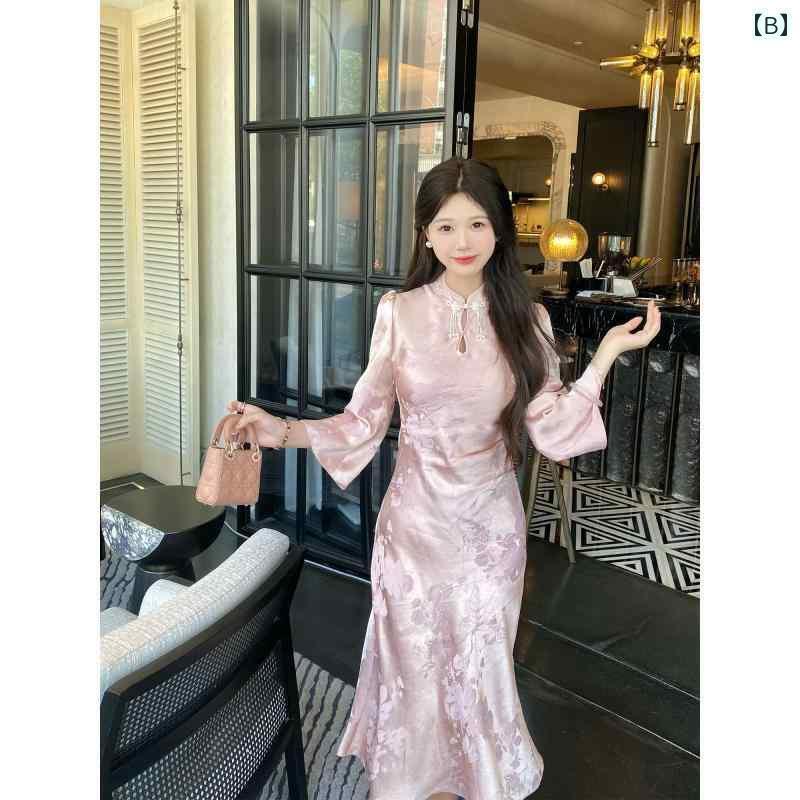 チャイナドレス 中国風 レディース ワンピース ジャガード スカート スリム プレート ボタン 長袖 ホワイト ピンク