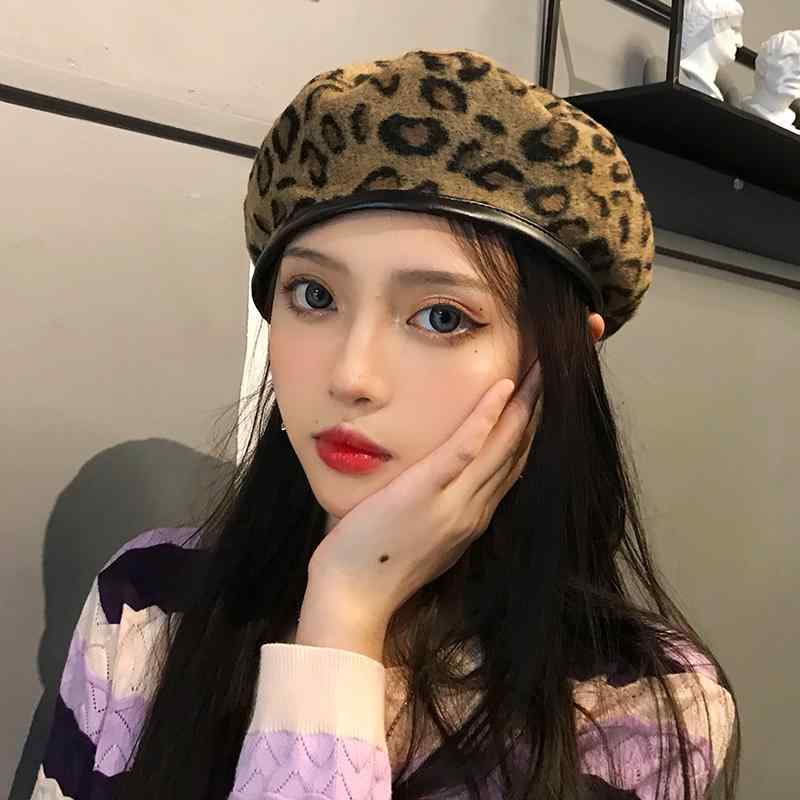 ベレー帽 レディース 帽子 秋冬 レトロ ファッション ヒョウ柄 レオパード イエロー グレー ホワイト