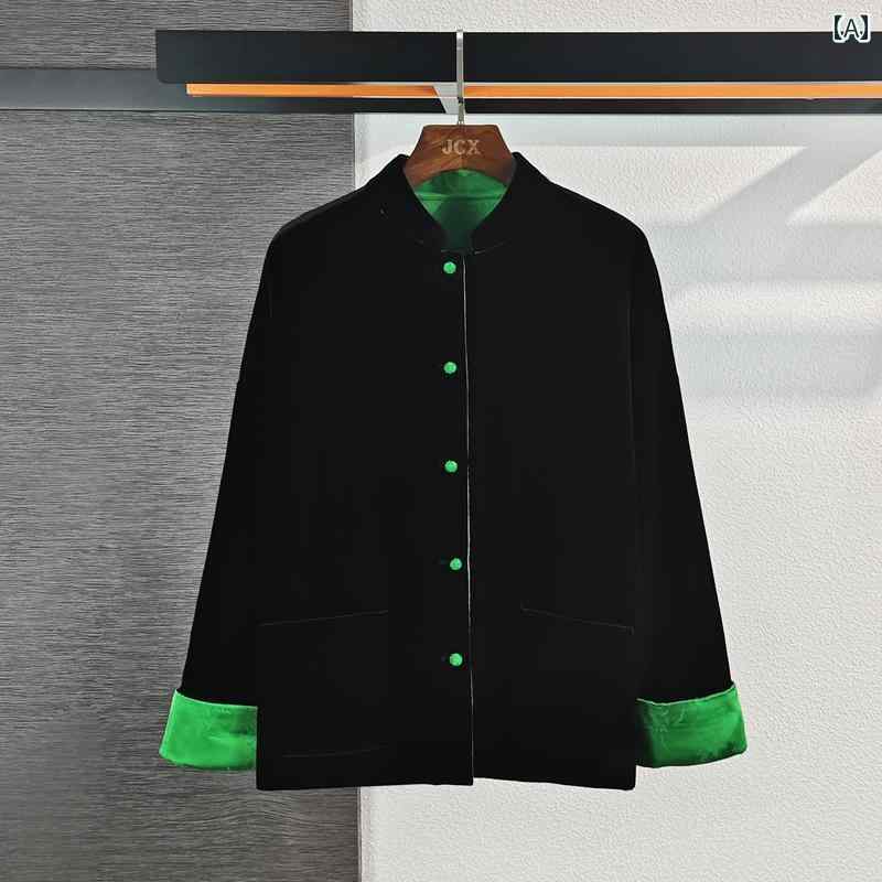 ベロア ジャケット レディース ベルベット 春秋 サテン ジャカード 長袖 スタンドカラー 中国風 トップス ブラック