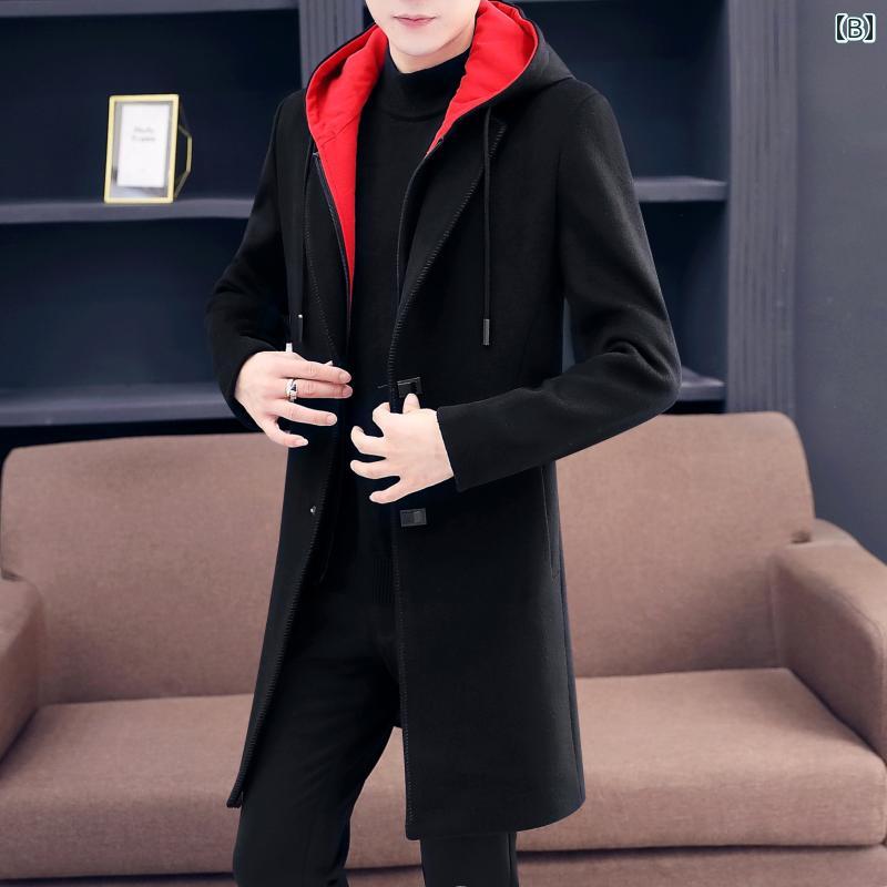 ウール コート メンズ ミドル丈 秋冬 アウター 厚手 フード付き カジュアル ファッション 大きいサイズ 暖かい ブラック グレー