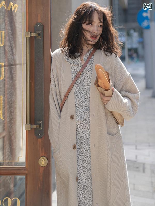 ニット レディース カーディガン おしゃれ カジュアル 春秋 ミドル丈 ロング セーター ゆったり レトロ Vネック