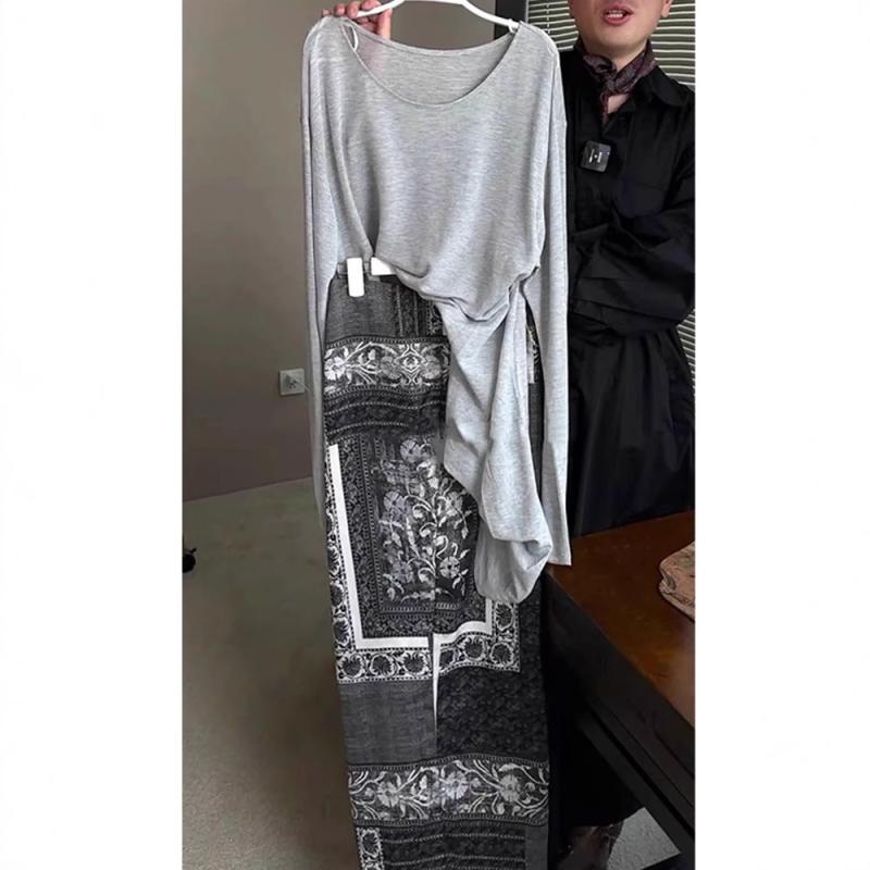 セットアップ レディース グレー プリント フリル袖 Tシャツ トップス ロングスカート 綿 ポリエステル きれいめ 上品 おしゃれ 通勤 オフィス カジュアル 着回し ツーピース