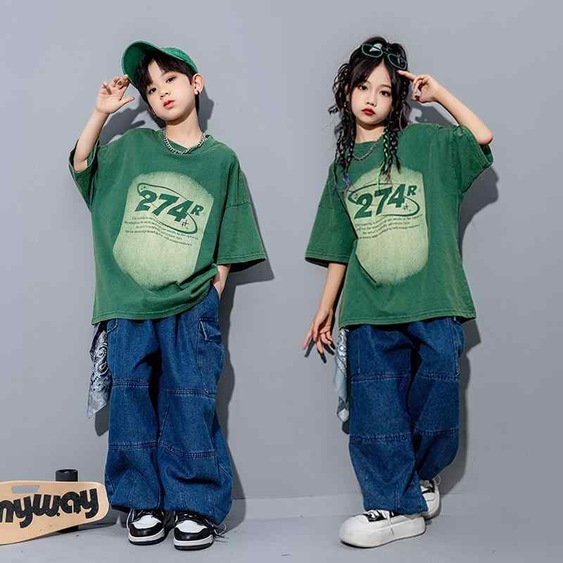 キッズ 男の子 女の子 ストリート ダンス セットアップ ヒップホップ T シャツ ジャズ スカーフ 緑 青 衣装