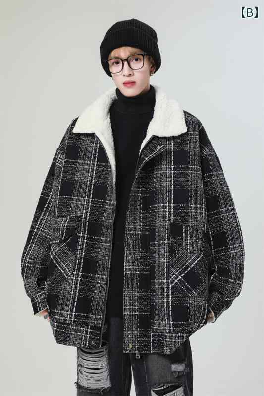ジャケット メンズ アウター 大きいサイズ カジュアル チェック コットン コート 秋冬 アメリカン ストリート 暖かい ゆったり ウール ブラック ホワイト