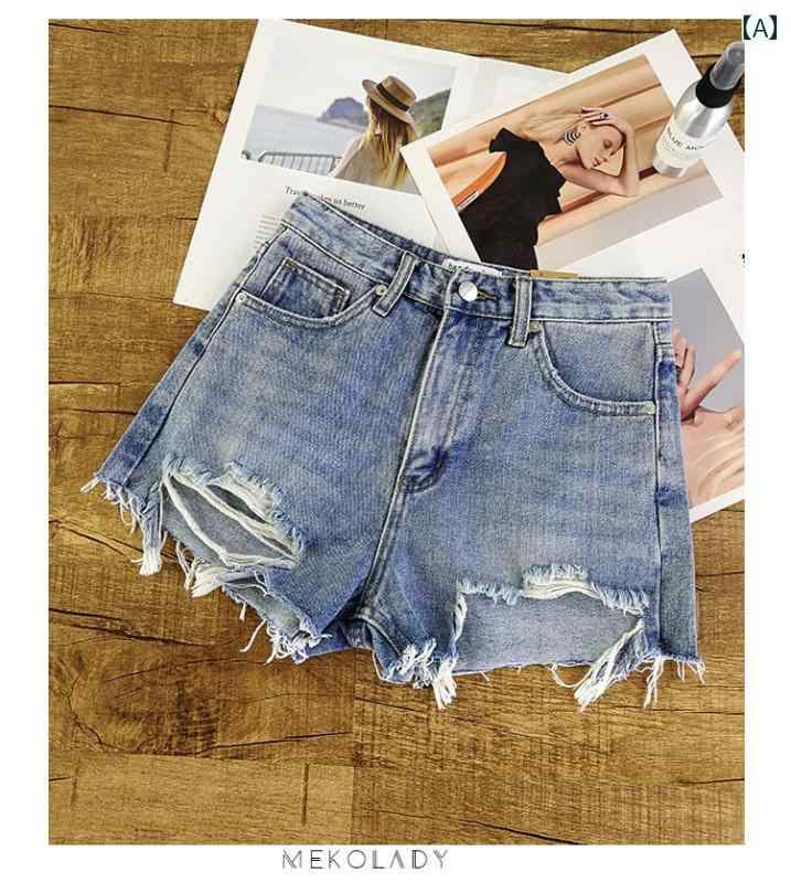 デニム ショート丈 パンツ レディース ダメージ 夏 韓国 ファッション ワイド ハイウエスト ショーツ ブルー