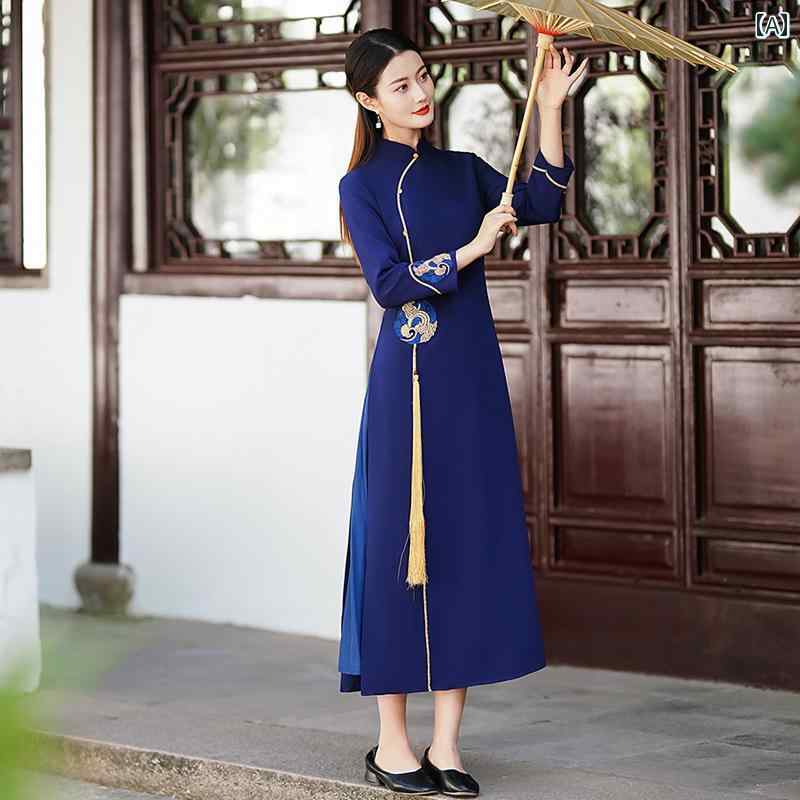 アオザイ チャイナ ドレス 禅 レディース 秋冬 中国風 ハイエンド レトロ ロング丈 ハイスリット 刺繍 ネイビー