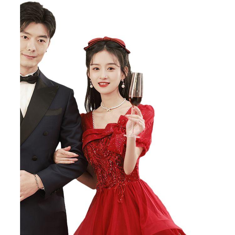 カラードレス レディース 高級感 エレガント 華やか 結婚式 披露宴 二次会 お呼ばれ パーティー 演奏会 発表会 プリンセスライン ロング丈 ハイウエスト Vネック 半袖 ボリュームスカート ワインレッド ボルドー フォーマル ポリエステル