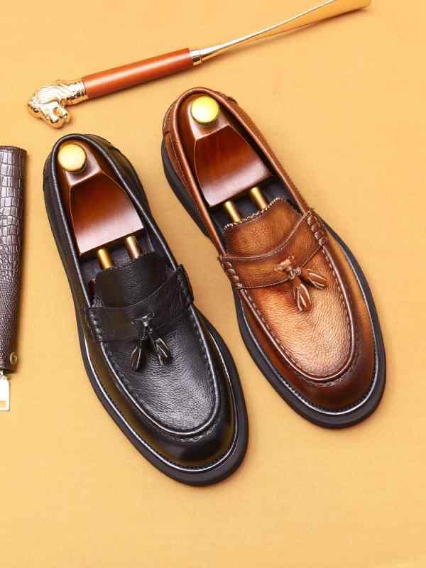 ローファー メンズ 紳士靴 シューズ フリンジ タッセル おしゃれ スリッポン 厚底 カジュアル 革靴 フォーマル ビジネス ブラック ブラウン