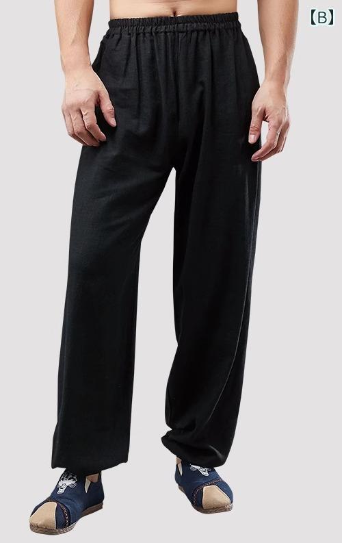 ジョガーパンツ メンズ エスニック アジアン ボトムス 中国風 レギンス カジュアル 弾性 コットン リネン 春秋 白 黒 紺