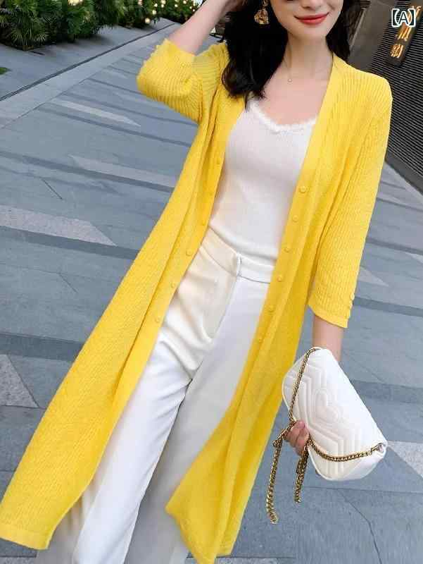 カーディガン レディース 羽織 ニット ミドル丈 夏 薄手 日焼け止め シンプル 大きいサイズ イエロー ..