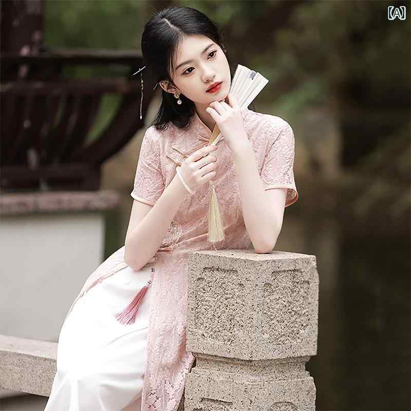 アオザイ チャイナドレス 秋冬 中国風 レディース ワンピース 半袖 タッセル レトロ 大きいサイズ ピンク