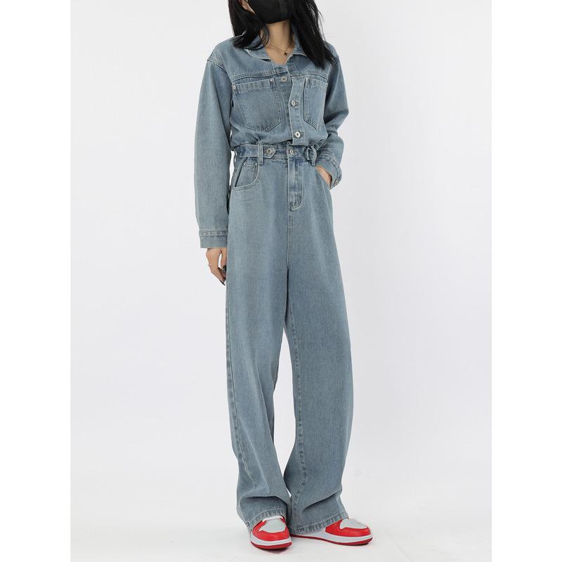 オーバーオール レディース つなぎ デニム パンツ オールインワン ジャンプスーツ 春秋 レトロ 作業着 ウエスト スリム カジュアル 水色