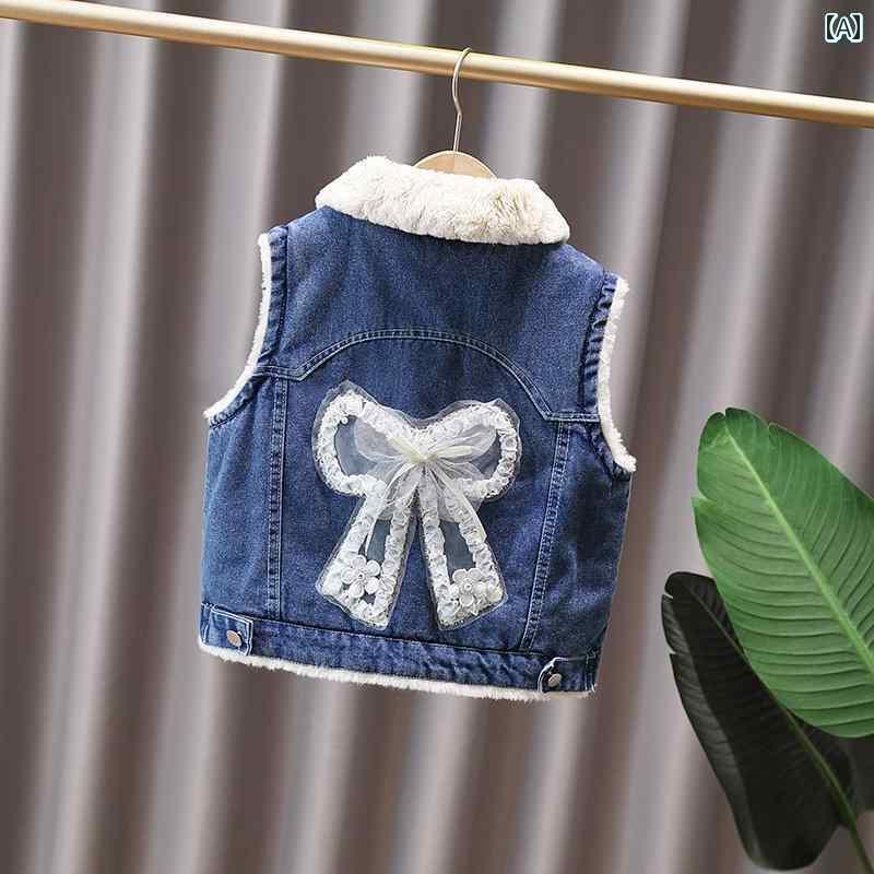 デニム ベスト キッズ 女の子 子供服 ノースリーブ ジャケット Gジャン おしゃれ ファー 秋冬 カジュアル 厚手 リボン ウサギ