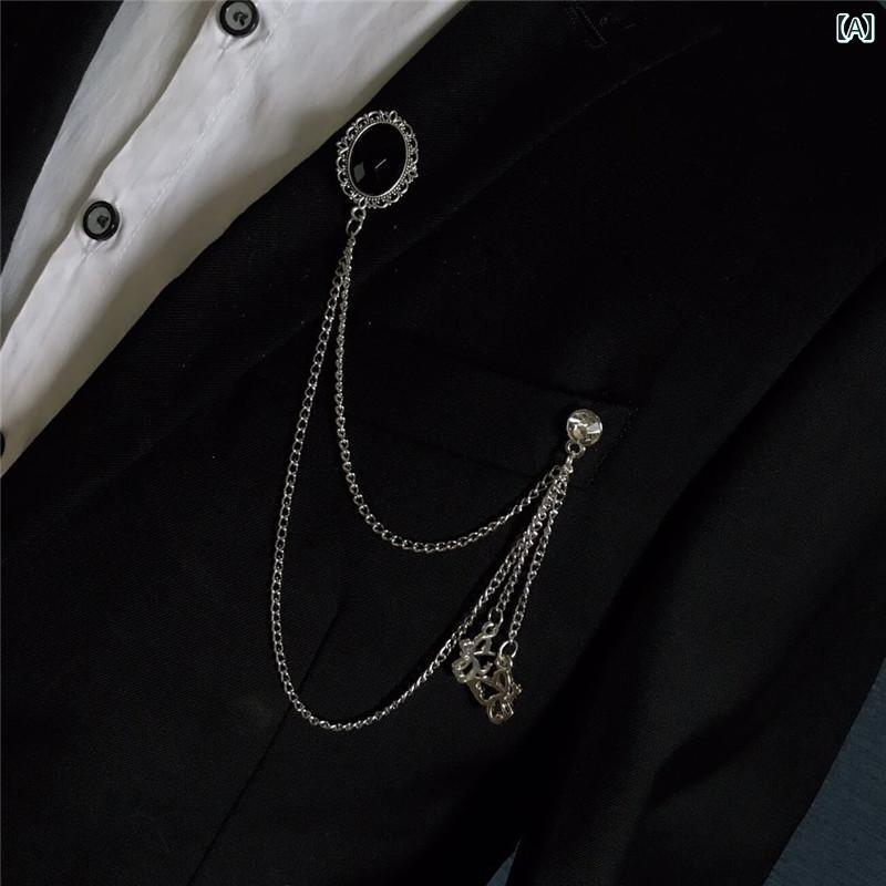 ラベルピン タックピン メンズ レディース チェーン ブローチ スーツ アクセサリー 韓国 ビジネス レトロ 王冠 星 グレー シルバー ゴールド