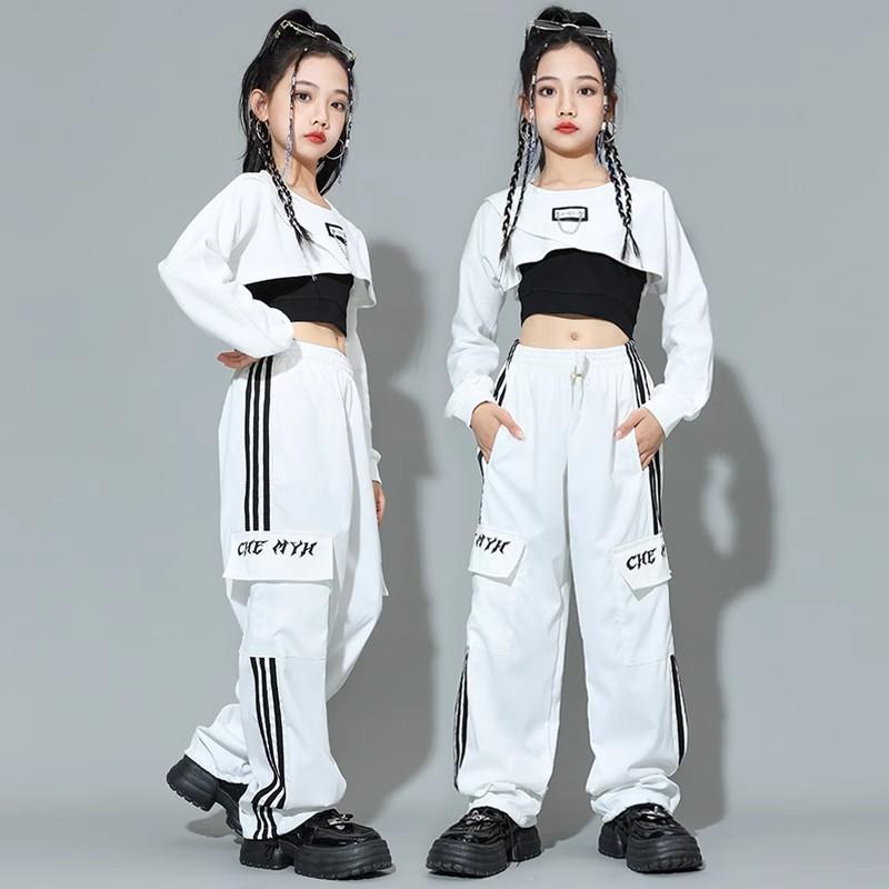 キッズ ストリート ダンス セットアップ 子供用 女の子 へそ出し 服 ヒップホップ 演出服 発表会 ホワイト ホワイト ブラック ブラウン 衣装