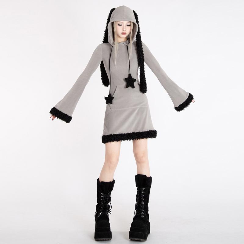 うさ耳 パーカー ワンピース レディース かわいい 秋冬 カジュアル ファッション ベルスリーブ Y2K グレー