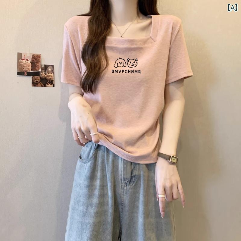 トップス レディース スクエアネック かわいい おしゃれ 半袖 Tシャツ ガール カジュアル 鎖骨 大きいサイズ 夏 ゆったり 綿 猫 犬 文字 ピンク