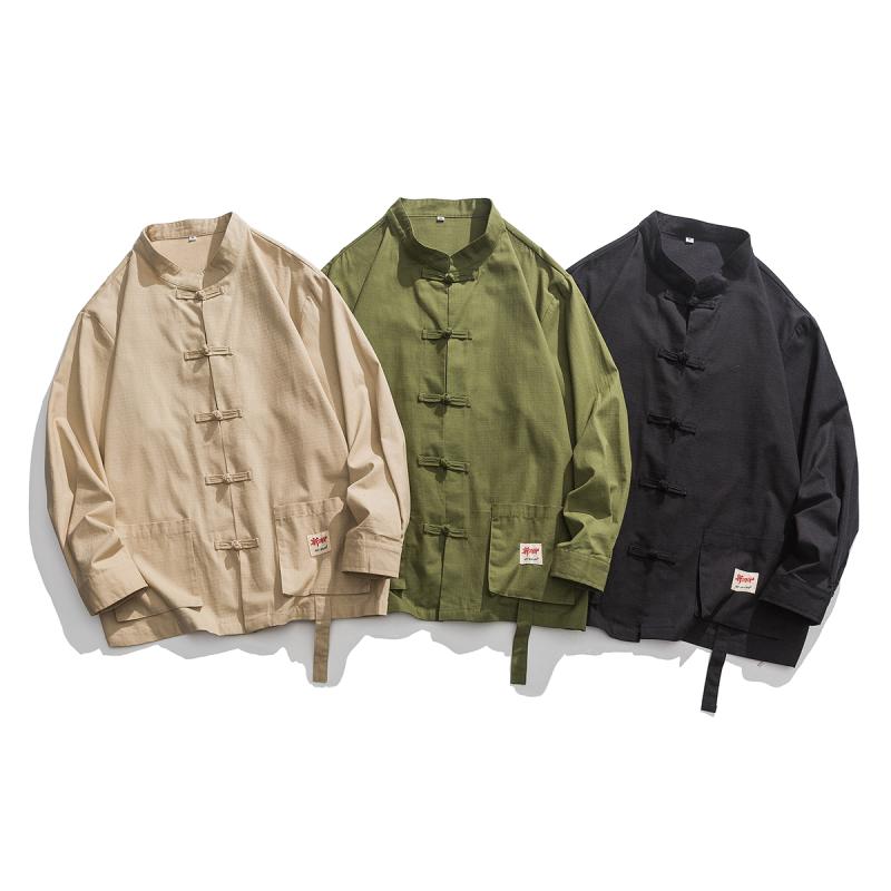 シャツ メンズ 長袖 中国風 チャイナ風 唐 スーツ 半袖 ジャケット ブラック グリーン ベージュ
