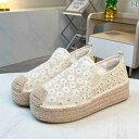 エスパドリーユ レディース スリッポン エスニック ぺたんこ フラットシューズ 歩きやすい 厚底 メッシュ 夏 カジュアル ローファー ベージュ ホワイト
