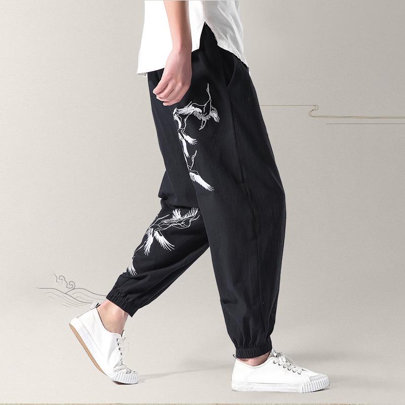 パンツ レディース ボトムス エスニック 刺繍 中国風 レトロ 秋冬 鶴 リネン ファッション 大きいサイズ グレー ブラック ネイビー