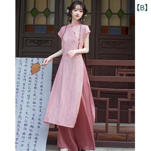 アオザイ チャイナドレス レディース 毎日 普段着 中国風 クール 禅茶 レトロ ティー アーティスト スーツ ミドル丈 ピンク