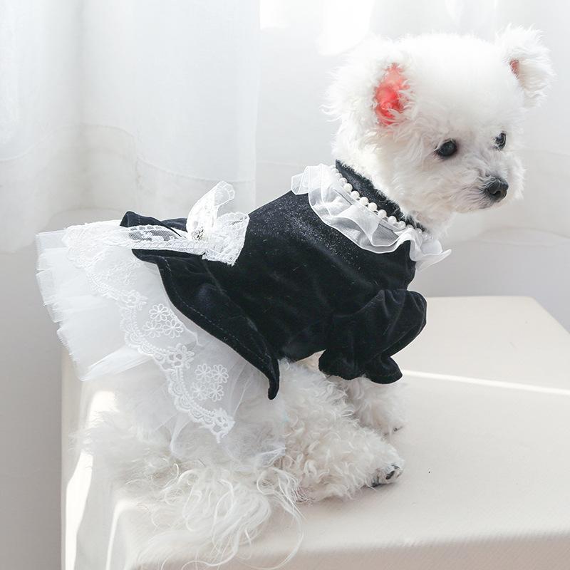犬服 ドッグウェア フォーマル 結婚式 かわいい おしゃれ ペット 夏 通気性 猫 レース ドレス ブラック ホワイト
