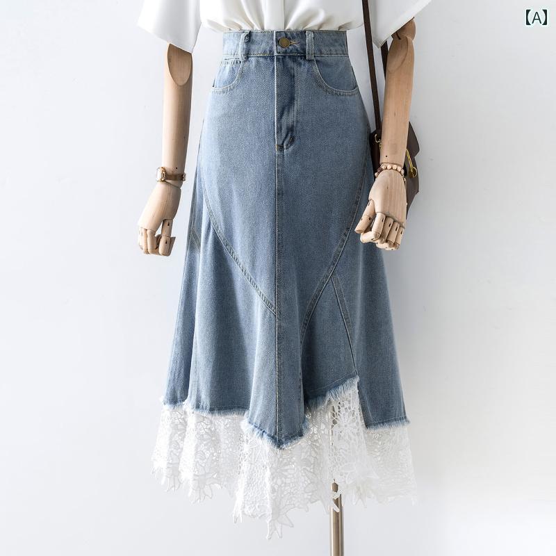 デニムスカート レース レディース 夏 ハイウエスト スプライシング スカート ミドル丈 Aライン ブルー