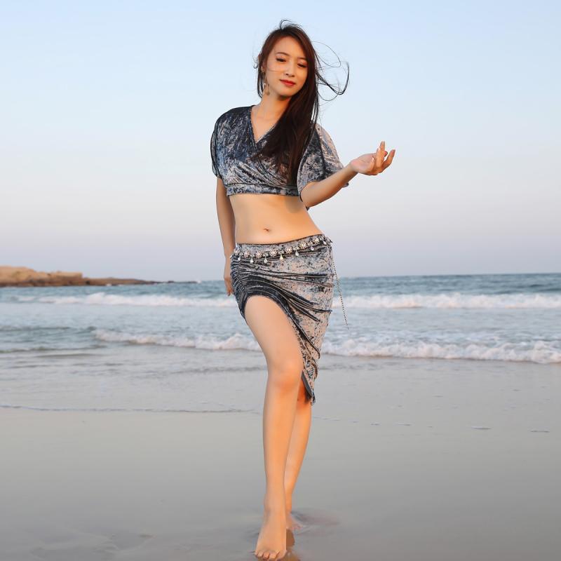 ベリーダンス 衣装 ドレス ワンピース 練習着 セット 初心者 トレーニング ベルベット パフォーマンス 秋 パープル レッド ブルー