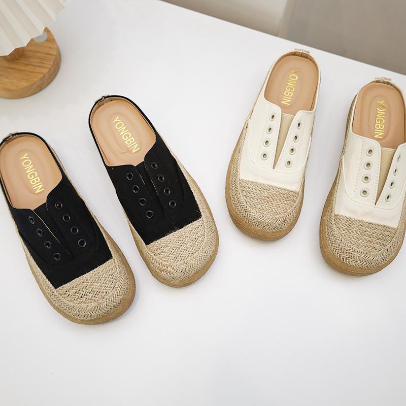 かかとなし レディース スリッポン シューズ レトロ カジュアル エスパドリーユ キャンバス スリッパ ブラック ホワイト