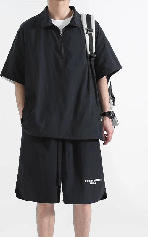 セットアップ メンズ 上下 ジャージ ハーフジップ 半袖 Tシャツ 日焼け防止 大きいサイズ カジュアル スポーツ 春夏 ブラック グレー