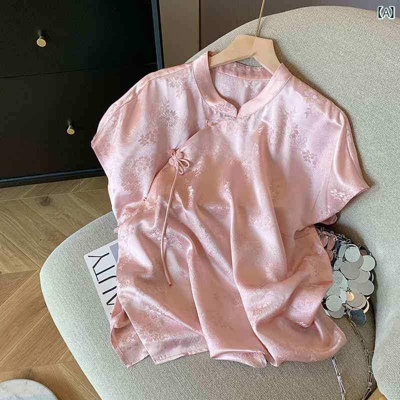 チャイナ風 普段着 レディース トップス レトロ おしゃれ スタンドカラー ドレス シャツ 春夏 中国 サテン ジャカード ピンク