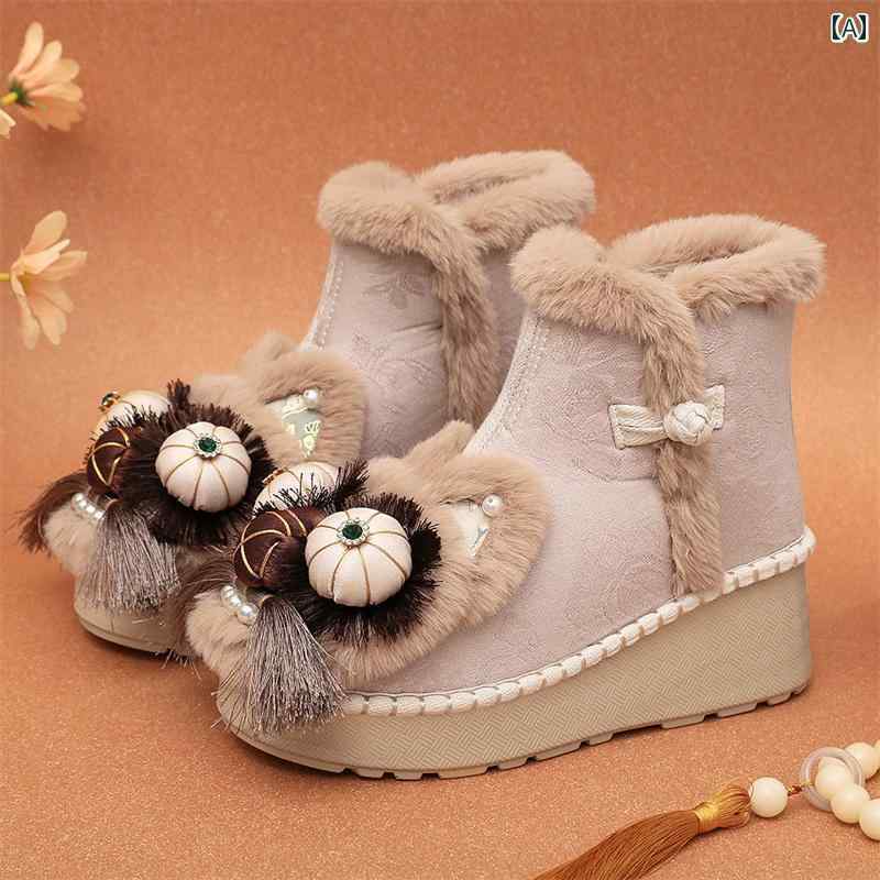ショート ブーツ レディース 冬 ハイヒール 裏起毛 タイガーヘッド シューズ 中国風 厚底 刺繍 暖かい ..