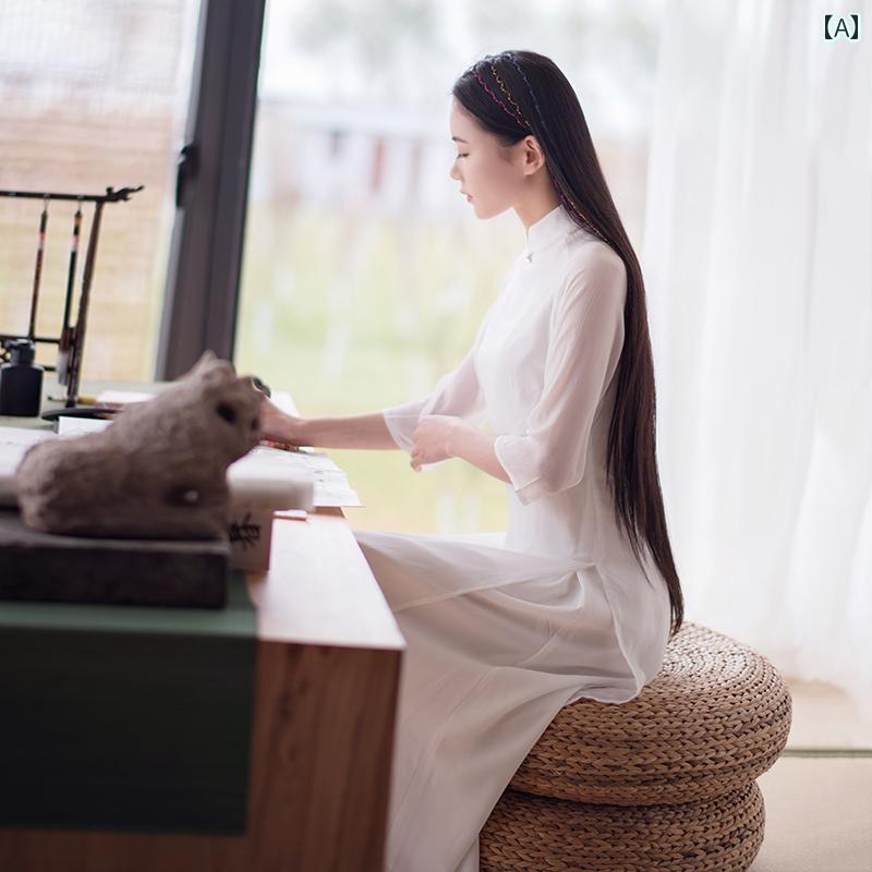 アオザイ チャイナドレス レディース 中国風 茶 芸術 禅 レトロ シフォン ホワイト ピンク グリーン