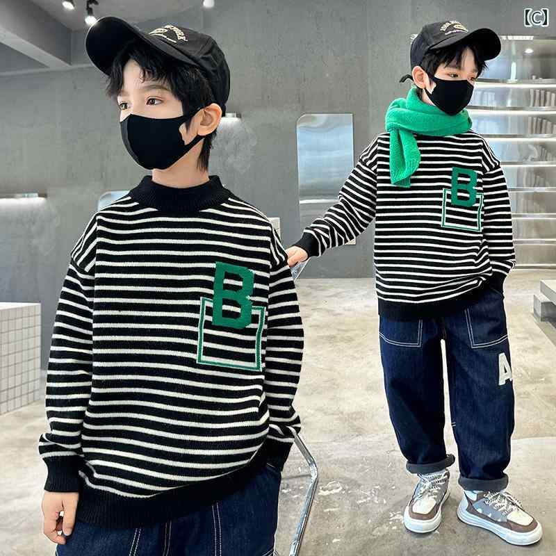 セーター ニット 子供服 キッズ 男の子 トップス 秋冬 ラウンドネック ネイビー イエロー ブラック 厚手 韓国 3