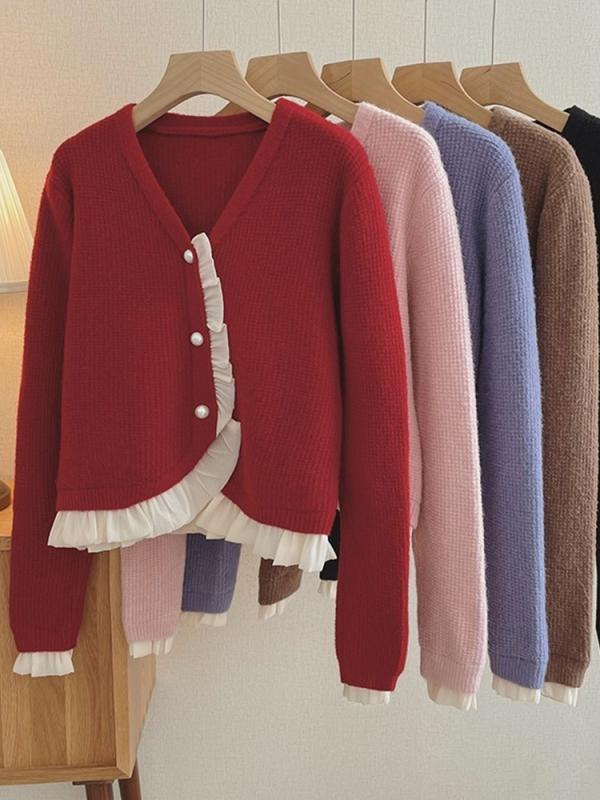 ニット レディース ファッション おしゃれ カーディガン カジュアル レース 春秋 フレンチ ショート セーター ジャケット ピンク パープル ブラック