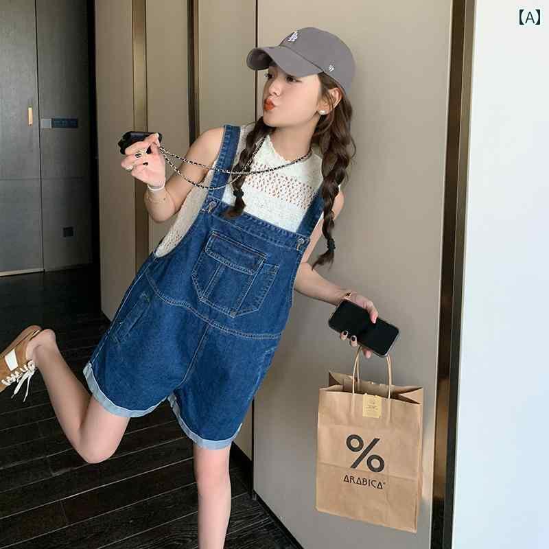 サロペット ショート丈 パンツ レディース オーバーオール つなぎ 韓国 キュート ショーツ 夏 ワンピース デニム サスペンダー 青