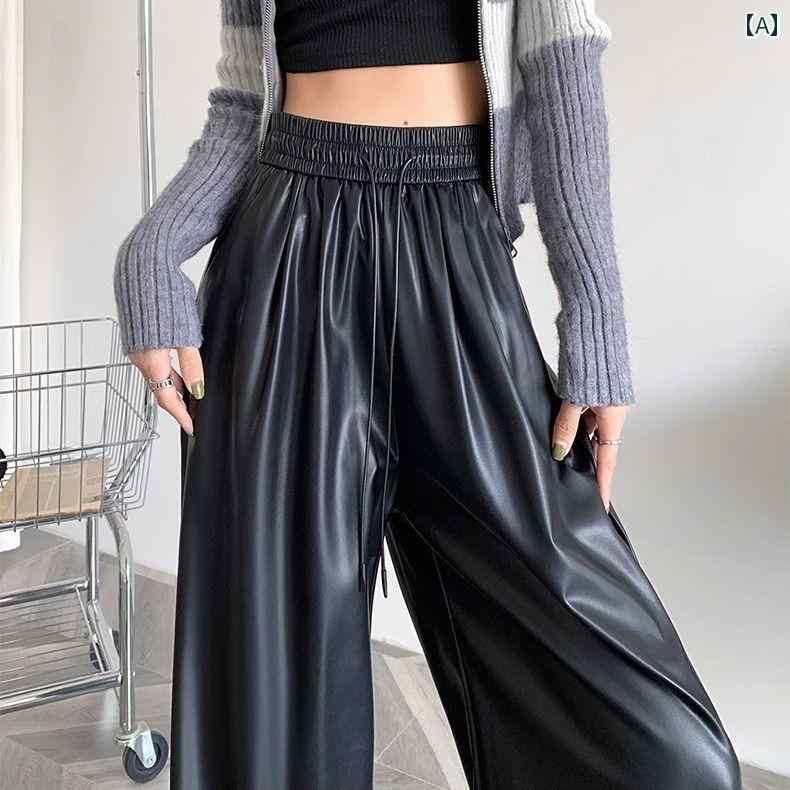レザー パンツ メンズ レディース ズボン カジュアル おしゃれ 秋冬 大きいサイズ レトロ ドレープ PU ストレート ワイドレッグ ブラック ブラウン