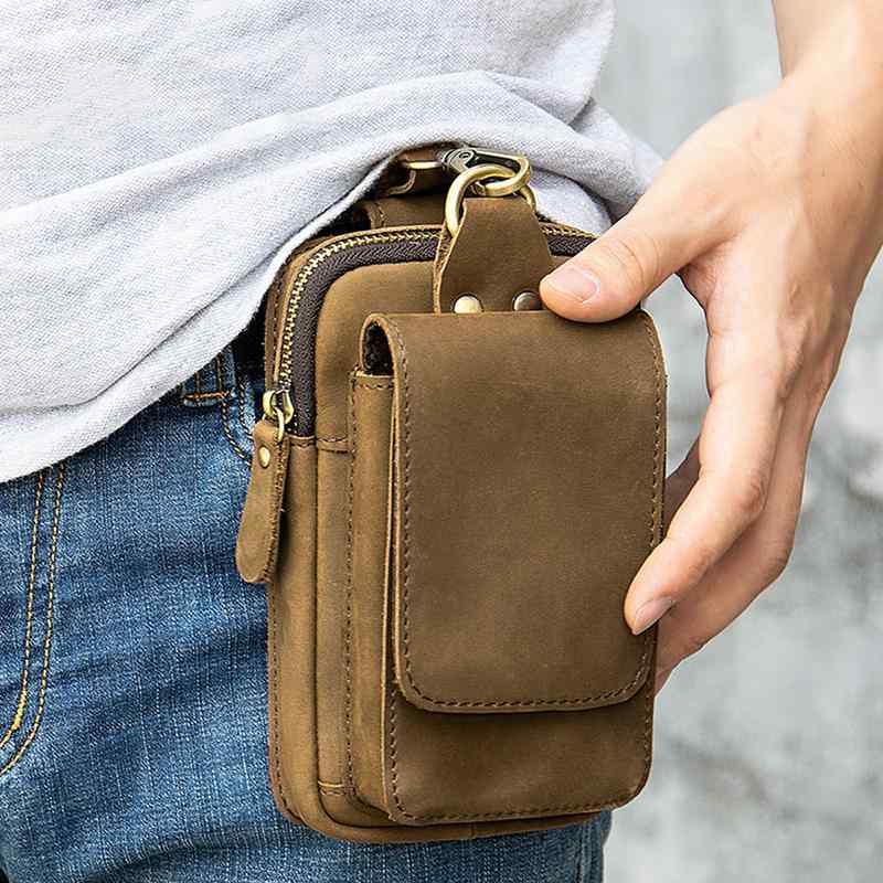 ベルトポーチ メンズ ウエストバッグ アウトドア ミリタリー おしゃれ かっこいい ポータブル 多機能 仕事 携帯電話 旅行 レジャー 牛革 黒 茶