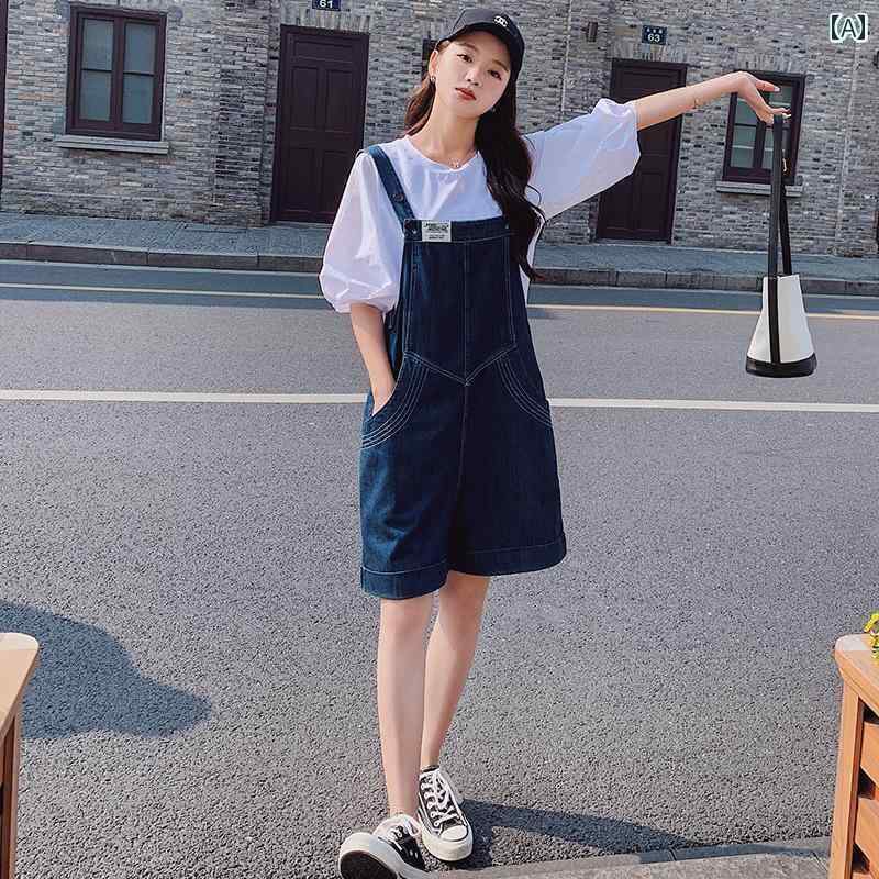 サロペット ショート丈 パンツ レディース オーバーオール つなぎ ストリート デニム 夏 薄手 紺
