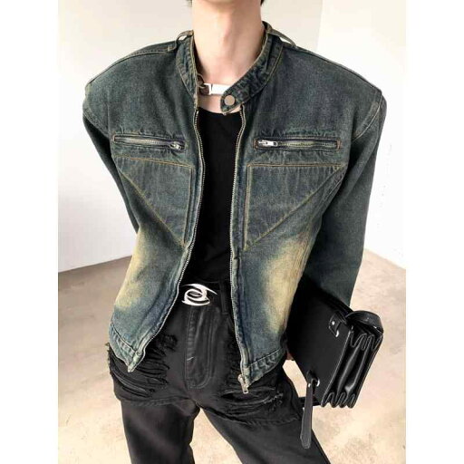 デニム ジャケット メンズ 肩パッド 秋 ウォッシュ加工 ショート アウター 長袖 トップス 青 黒 デニム ジャケット メンズ 肩パッド 秋 ウォッシュ加工 ショート アウター 長袖 トップス 青 黒