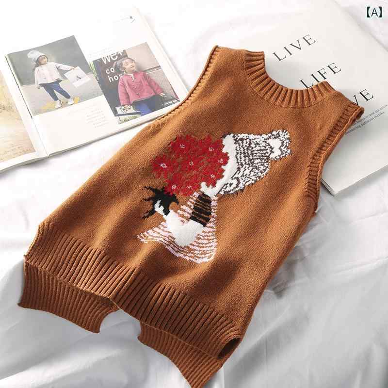 ベスト キッズ 女の子 子供服 ノースリーブ ニット おしゃれ レトロ 春秋 ミドル丈 セーター 花 韓国 キャメル ブラック