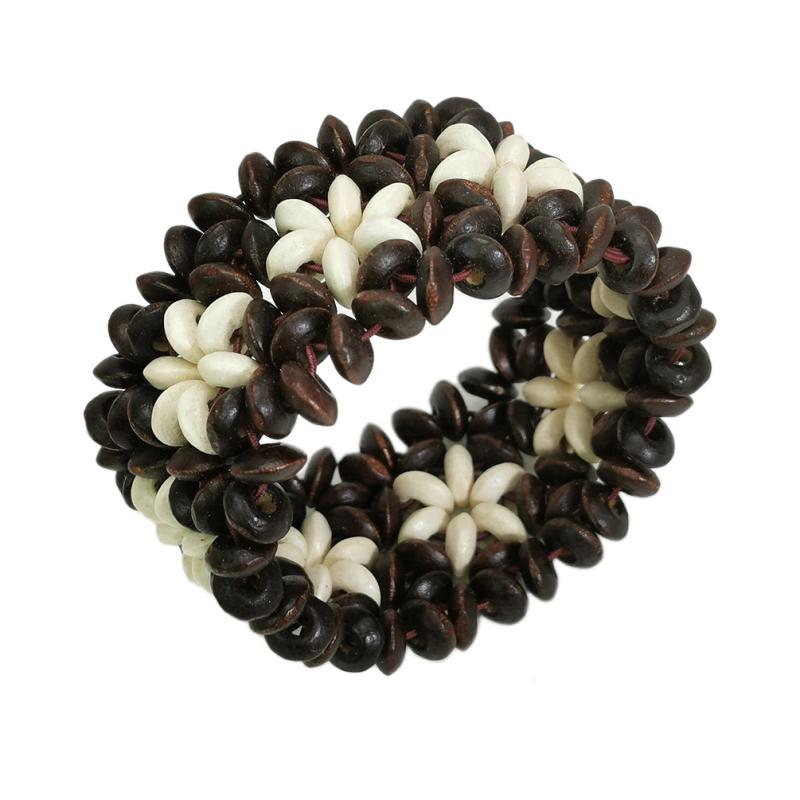 ブレスレット レディース 腕輪 レトロ ヴィンテージ 伸縮性 ゴム ウッドビーズ ココナッツシェル ヤシ..