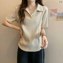 Tシャツ レディース 大きいサイズ ぽっちゃりさん向け ゆったり 体型カバー 細見え ポロ襟 半袖 綿 コットン カジュアル 通勤 オフィス 無地 トップス カーキ ホワイト ブラック